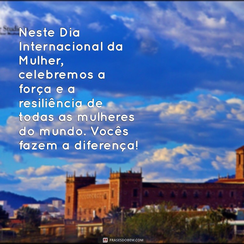 mensagens para o dia internacional das mulhere Neste Dia Internacional da Mulher, celebremos a força e a resiliência de todas as mulheres do mundo. Vocês fazem a diferença!