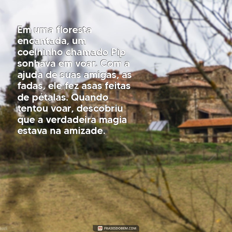 história de criança Em uma floresta encantada, um coelhinho chamado Pip sonhava em voar. Com a ajuda de suas amigas, as fadas, ele fez asas feitas de pétalas. Quando tentou voar, descobriu que a verdadeira magia estava na amizade.