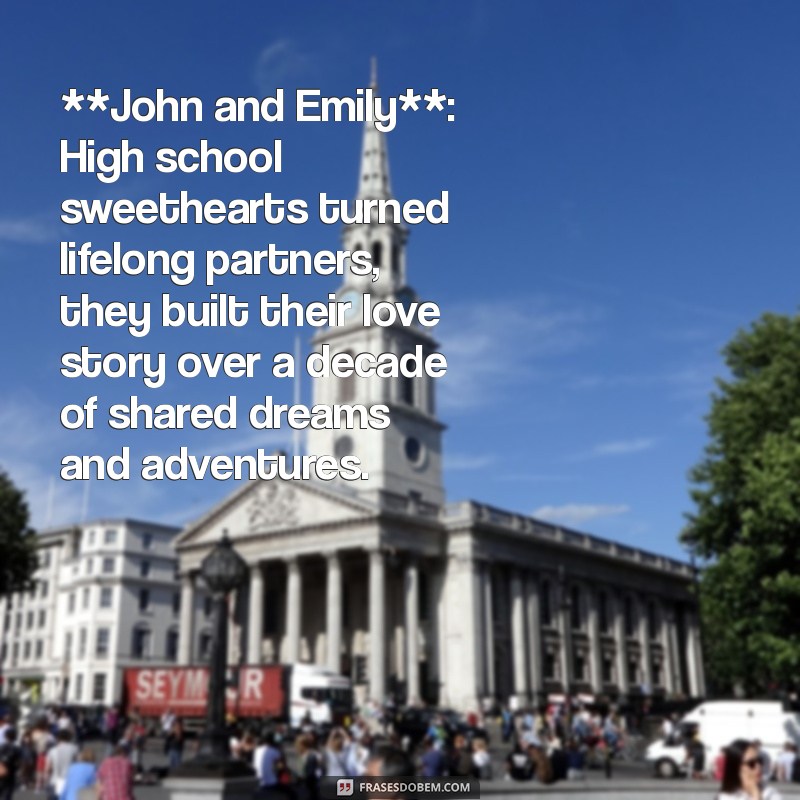 biografia de casal em inglês **John and Emily**: High school sweethearts turned lifelong partners, they built their love story over a decade of shared dreams and adventures.