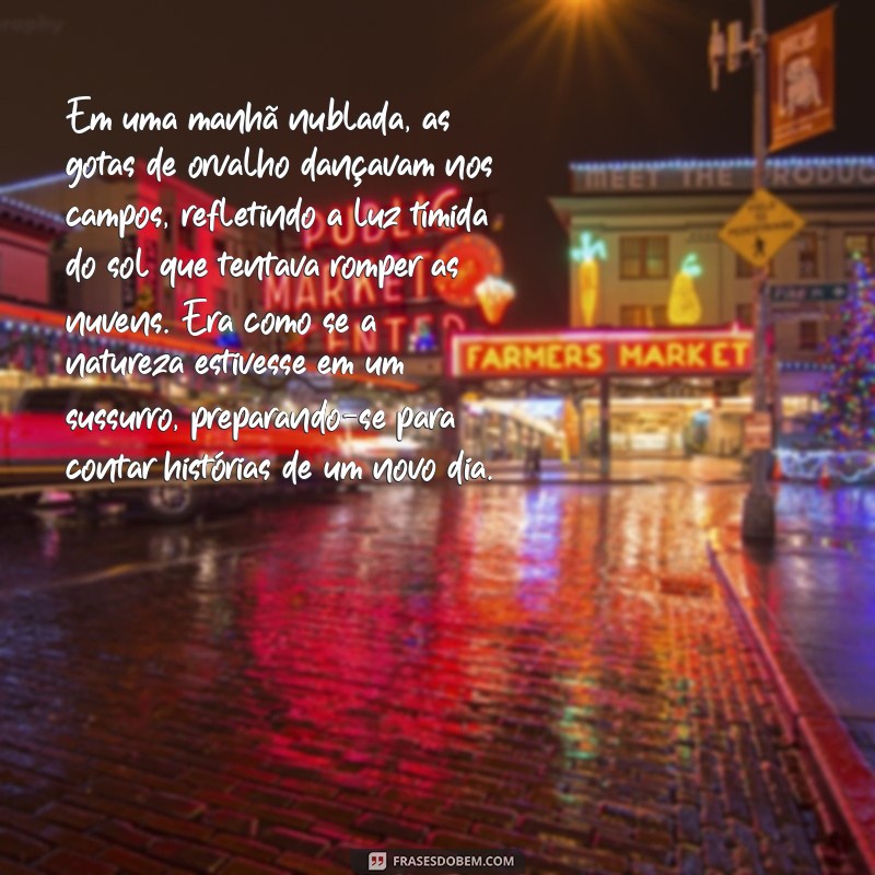 textos literários exemplos Em uma manhã nublada, as gotas de orvalho dançavam nos campos, refletindo a luz tímida do sol que tentava romper as nuvens. Era como se a natureza estivesse em um sussurro, preparando-se para contar histórias de um novo dia.