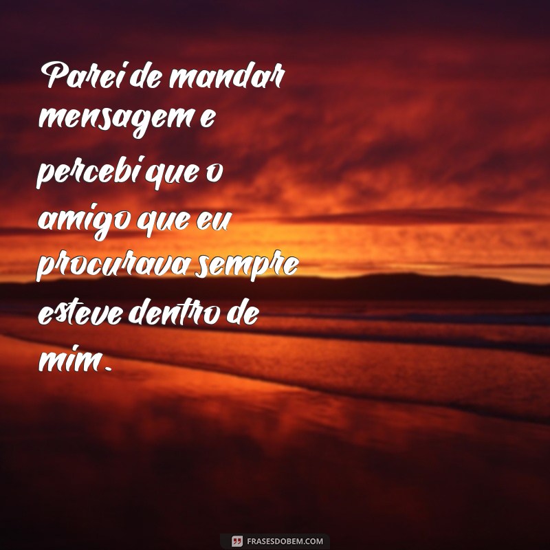 parei de mandar mensagem e vi que o amigo era eu Parei de mandar mensagem e percebi que o amigo que eu procurava sempre esteve dentro de mim.