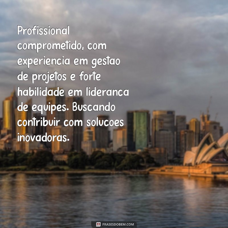 descrição de perfil para currículo Profissional comprometido, com experiência em gestão de projetos e forte habilidade em liderança de equipes. Buscando contribuir com soluções inovadoras.