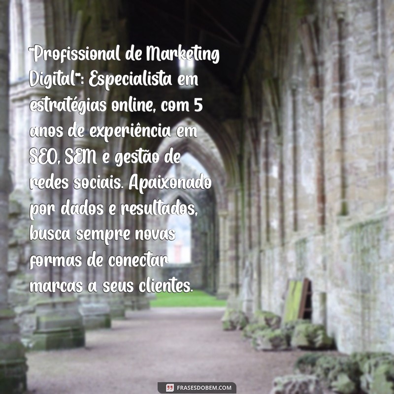 perfil profissional exemplos prontos **Profissional de Marketing Digital**: Especialista em estratégias online, com 5 anos de experiência em SEO, SEM e gestão de redes sociais. Apaixonado por dados e resultados, busca sempre novas formas de conectar marcas a seus clientes.