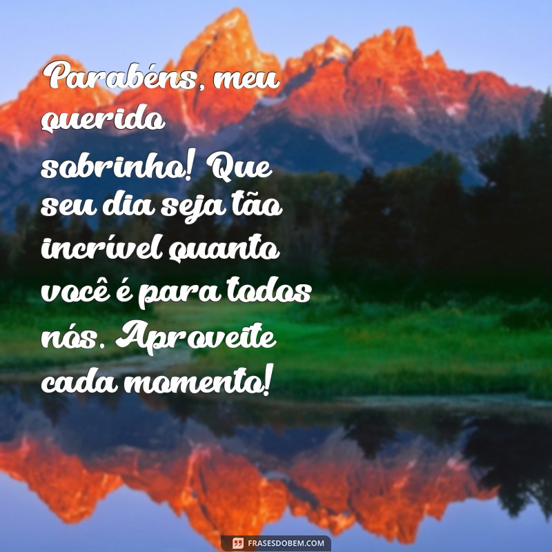 msg de aniversário para sobrinho especial Parabéns, meu querido sobrinho! Que seu dia seja tão incrível quanto você é para todos nós. Aproveite cada momento!