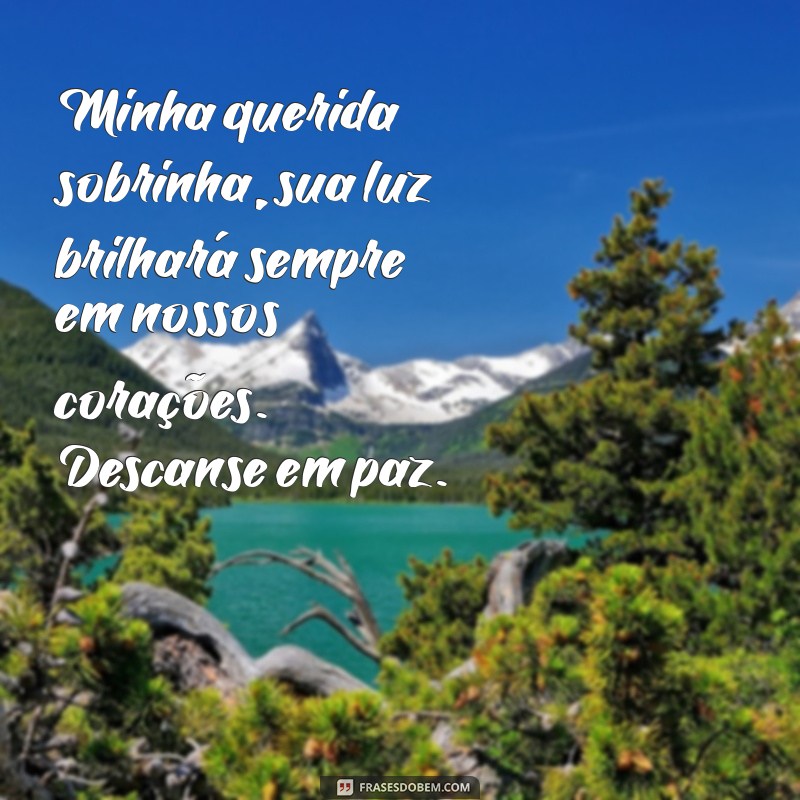 mensagem de luto sobrinha Minha querida sobrinha, sua luz brilhará sempre em nossos corações. Descanse em paz.