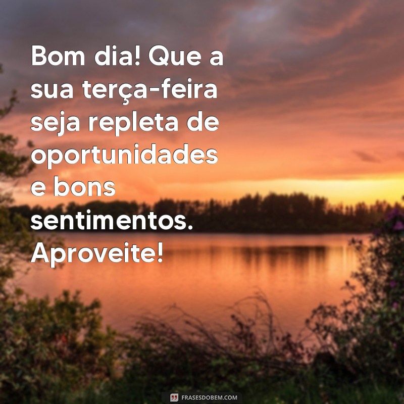 mensagens bom dia terça feira Bom dia! Que a sua terça-feira seja repleta de oportunidades e bons sentimentos. Aproveite!