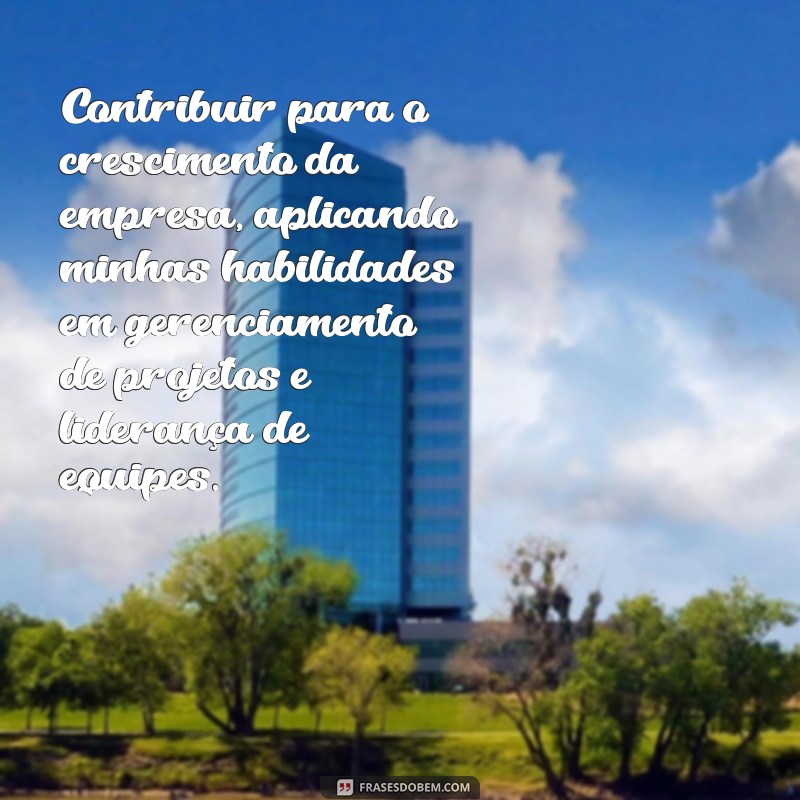 modelo de objetivos para currículo Contribuir para o crescimento da empresa, aplicando minhas habilidades em gerenciamento de projetos e liderança de equipes.