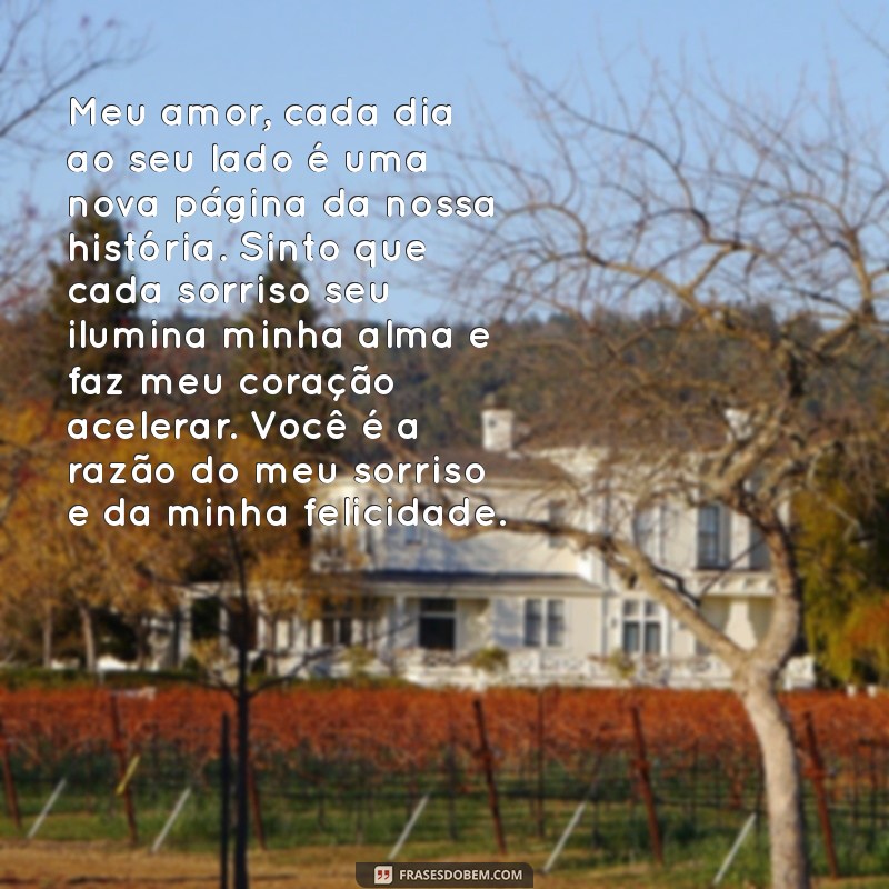 carta de amor o que eu sinto por você Meu amor, cada dia ao seu lado é uma nova página da nossa história. Sinto que cada sorriso seu ilumina minha alma e faz meu coração acelerar. Você é a razão do meu sorriso e da minha felicidade.