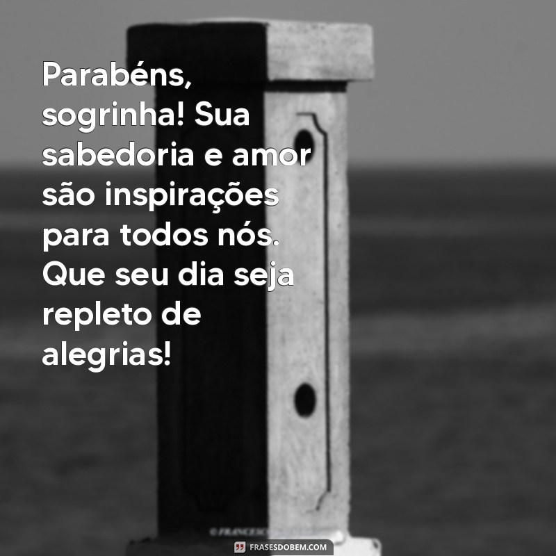 mensagem de parabens para a sogra Parabéns, sogrinha! Sua sabedoria e amor são inspirações para todos nós. Que seu dia seja repleto de alegrias!