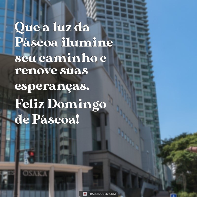 mensagem domingo de páscoa Que a luz da Páscoa ilumine seu caminho e renove suas esperanças. Feliz Domingo de Páscoa!