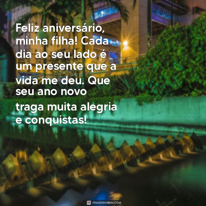 texto de aniversário filha Feliz aniversário, minha filha! Cada dia ao seu lado é um presente que a vida me deu. Que seu ano novo traga muita alegria e conquistas!