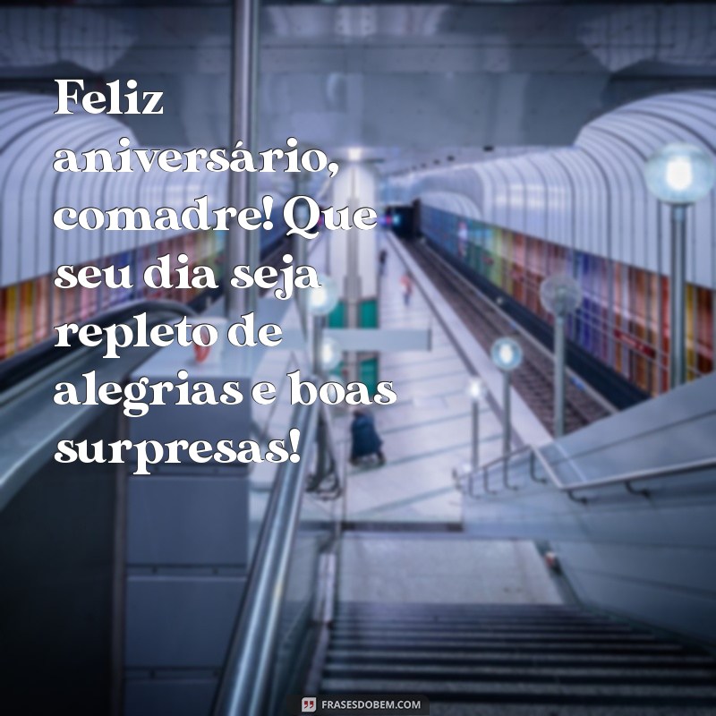 feliz aniversario para comadre Feliz aniversário, comadre! Que seu dia seja repleto de alegrias e boas surpresas!