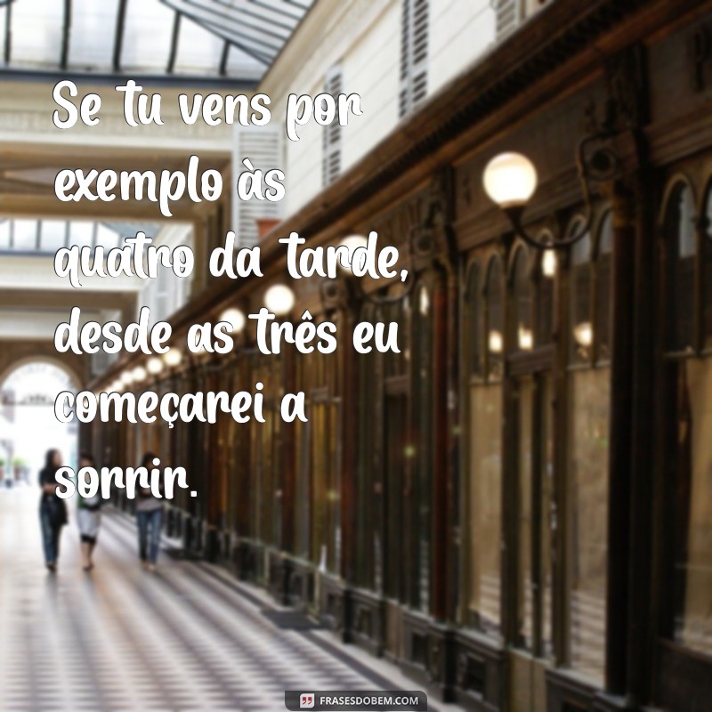 se tu vens por exemplo às quatro da tarde desde as três eu começarei a ser feliz Se tu vens por exemplo às quatro da tarde, desde as três eu começarei a sorrir.