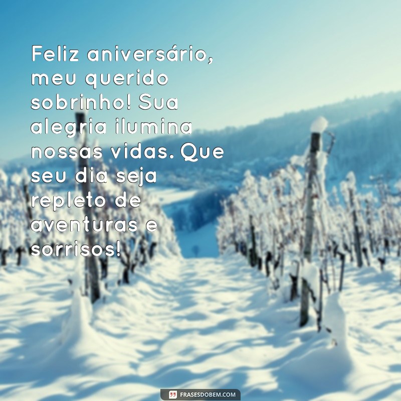 feliz aniversário de tia para sobrinho Feliz aniversário, meu querido sobrinho! Sua alegria ilumina nossas vidas. Que seu dia seja repleto de aventuras e sorrisos!