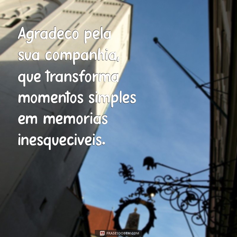 mensagem de agradecimento pela companhia Agradeço pela sua companhia, que transforma momentos simples em memórias inesquecíveis.