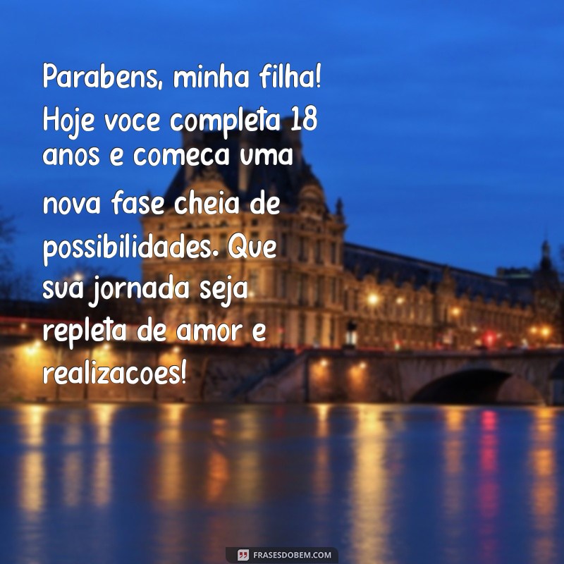 mensagem para filha de aniversário 18 anos Parabéns, minha filha! Hoje você completa 18 anos e começa uma nova fase cheia de possibilidades. Que sua jornada seja repleta de amor e realizações!