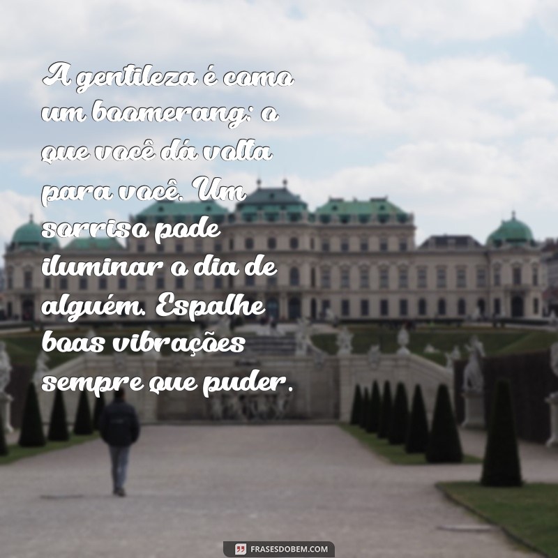 3 frases de gentileza A gentileza é como um boomerang: o que você dá volta para você. Um sorriso pode iluminar o dia de alguém. Espalhe boas vibrações sempre que puder.