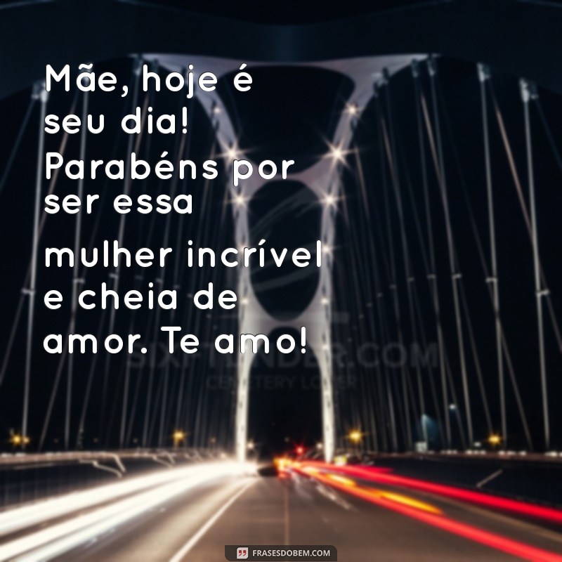 mensagem de parabéns para minha mãe Mãe, hoje é seu dia! Parabéns por ser essa mulher incrível e cheia de amor. Te amo!