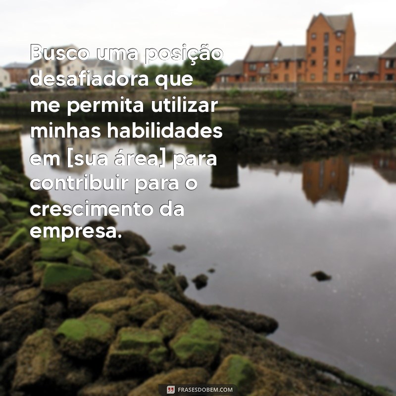 qual frases colocar no objetivo do currículo Busco uma posição desafiadora que me permita utilizar minhas habilidades em [sua área] para contribuir para o crescimento da empresa.