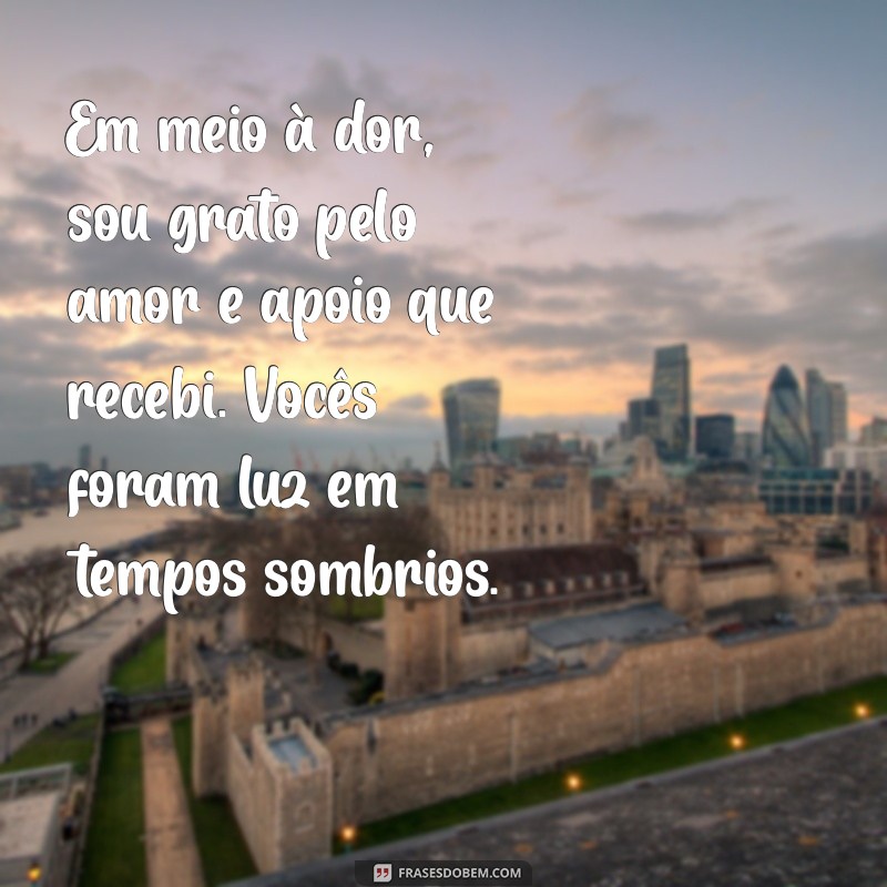 mensagem de agradecimento pelo luto Em meio à dor, sou grato pelo amor e apoio que recebi. Vocês foram luz em tempos sombrios.