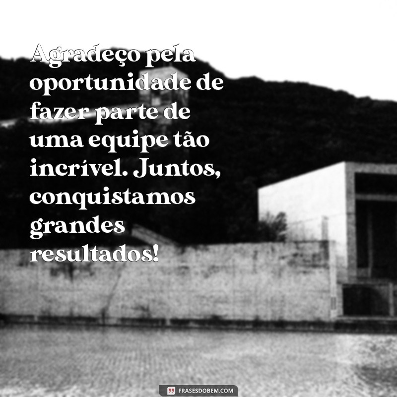 mensagem de gratidão pelo trabalho Agradeço pela oportunidade de fazer parte de uma equipe tão incrível. Juntos, conquistamos grandes resultados!