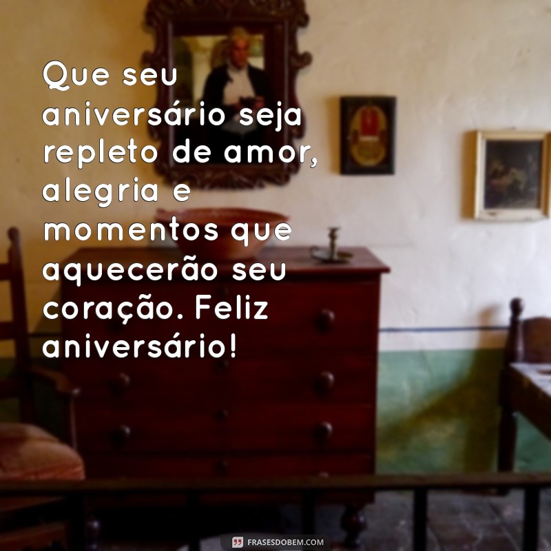 mensagem de aniversário carinhosa Que seu aniversário seja repleto de amor, alegria e momentos que aquecerão seu coração. Feliz aniversário!