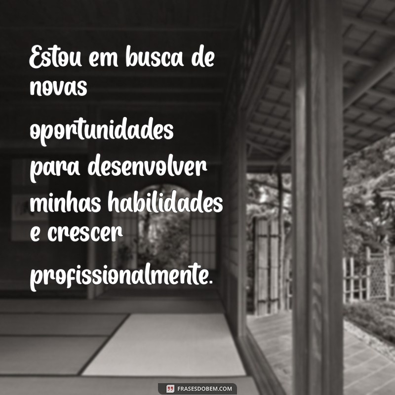 não possuo experiência o que colocar no currículo Estou em busca de novas oportunidades para desenvolver minhas habilidades e crescer profissionalmente.