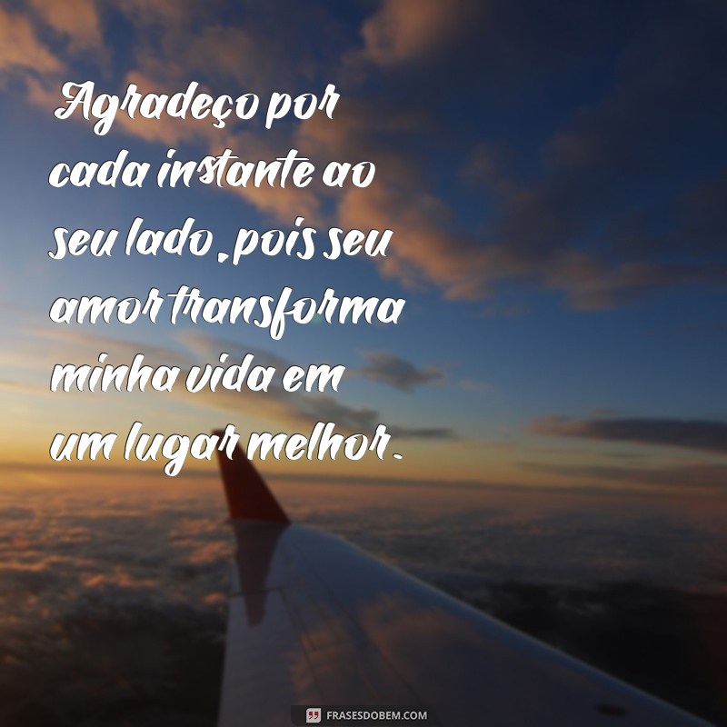 mensagem de amor e gratidão Agradeço por cada instante ao seu lado, pois seu amor transforma minha vida em um lugar melhor.