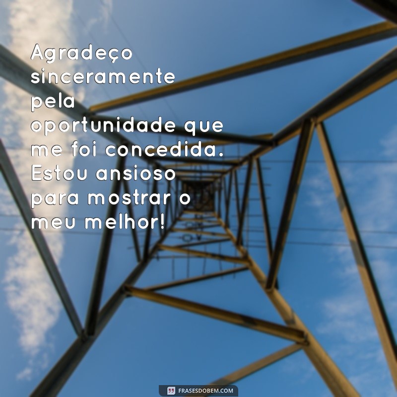 mensagem de agradecimento pela oportunidade dada Agradeço sinceramente pela oportunidade que me foi concedida. Estou ansioso para mostrar o meu melhor!