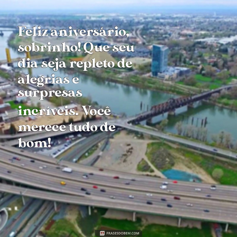 mensagens de aniversário para sobrinho Feliz aniversário, sobrinho! Que seu dia seja repleto de alegrias e surpresas incríveis. Você merece tudo de bom!