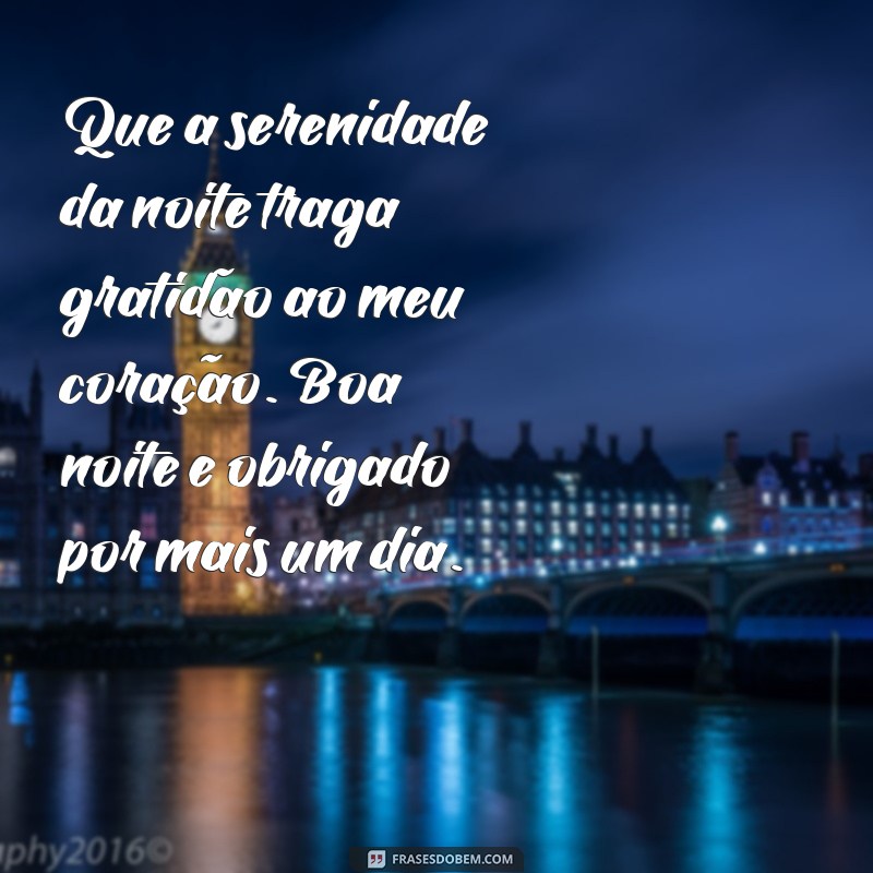 frases de gratidão boa noite Que a serenidade da noite traga gratidão ao meu coração. Boa noite e obrigado por mais um dia.