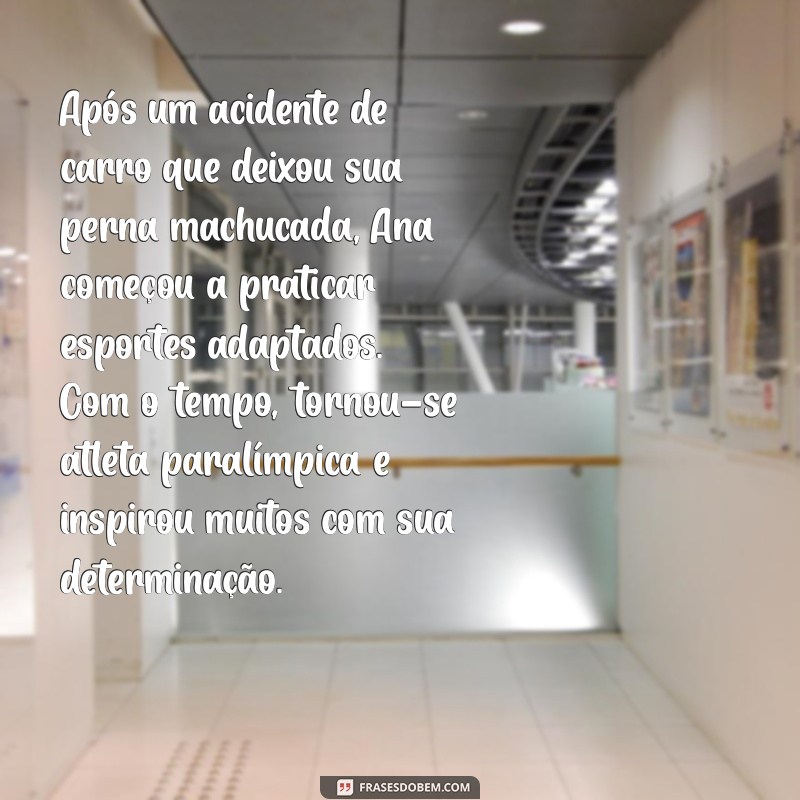 histórias de superação curtas Após um acidente de carro que deixou sua perna machucada, Ana começou a praticar esportes adaptados. Com o tempo, tornou-se atleta paralímpica e inspirou muitos com sua determinação.