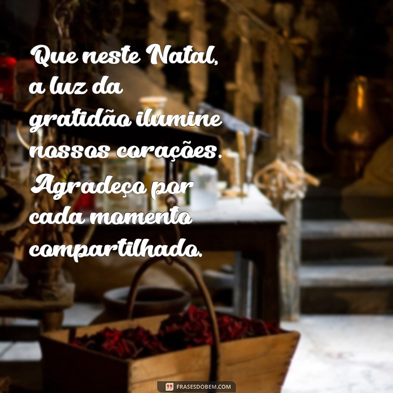 mensagem de agradecimento e feliz natal Que neste Natal, a luz da gratidão ilumine nossos corações. Agradeço por cada momento compartilhado.