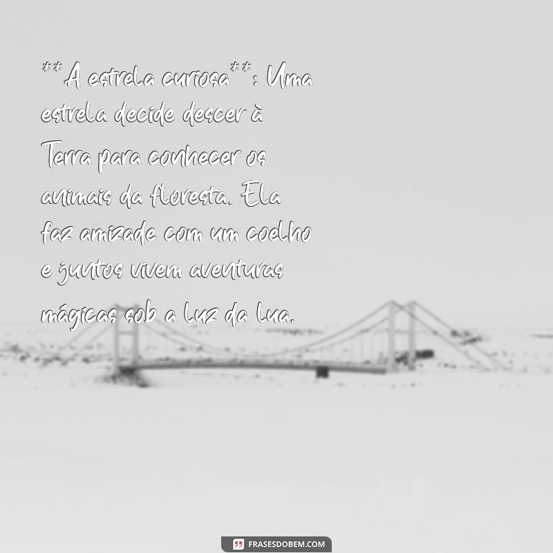 histórias para dormir infantil **A estrela curiosa**: Uma estrela decide descer à Terra para conhecer os animais da floresta. Ela faz amizade com um coelho e juntos vivem aventuras mágicas sob a luz da lua.
