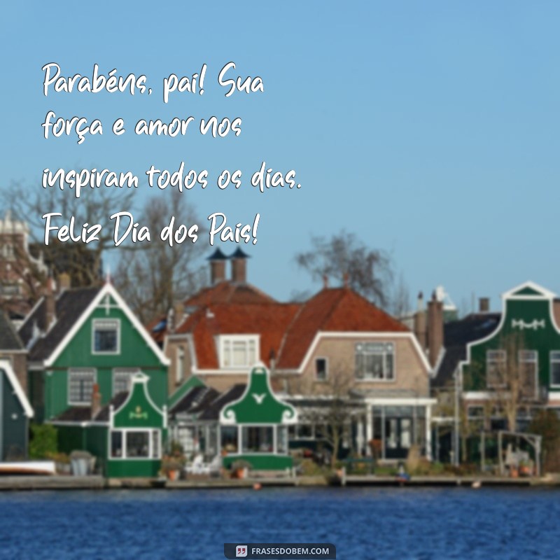 parabéns para o dia dos pais Parabéns, pai! Sua força e amor nos inspiram todos os dias. Feliz Dia dos Pais!