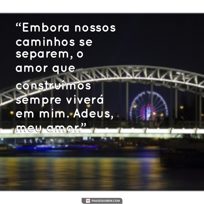 mensagem despedida de amor “Embora nossos caminhos se separem, o amor que construímos sempre viverá em mim. Adeus, meu amor.”