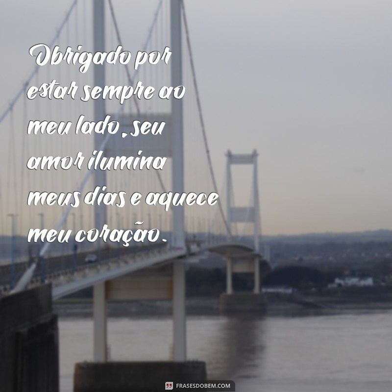 mensagem de agradecimento ao meu amor Obrigado por estar sempre ao meu lado, seu amor ilumina meus dias e aquece meu coração.