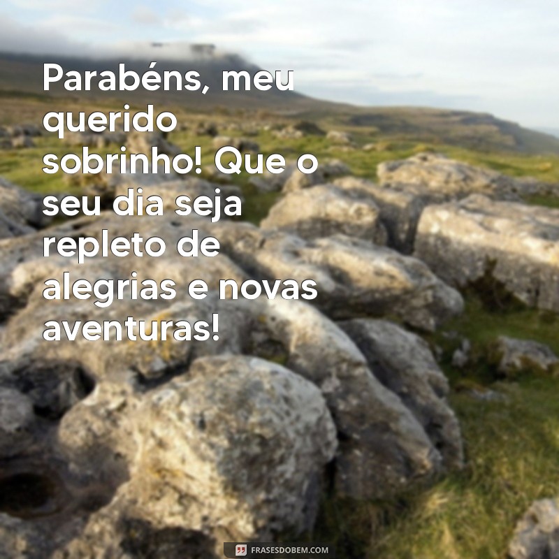 mensagem de parabéns para um sobrinho Parabéns, meu querido sobrinho! Que o seu dia seja repleto de alegrias e novas aventuras!