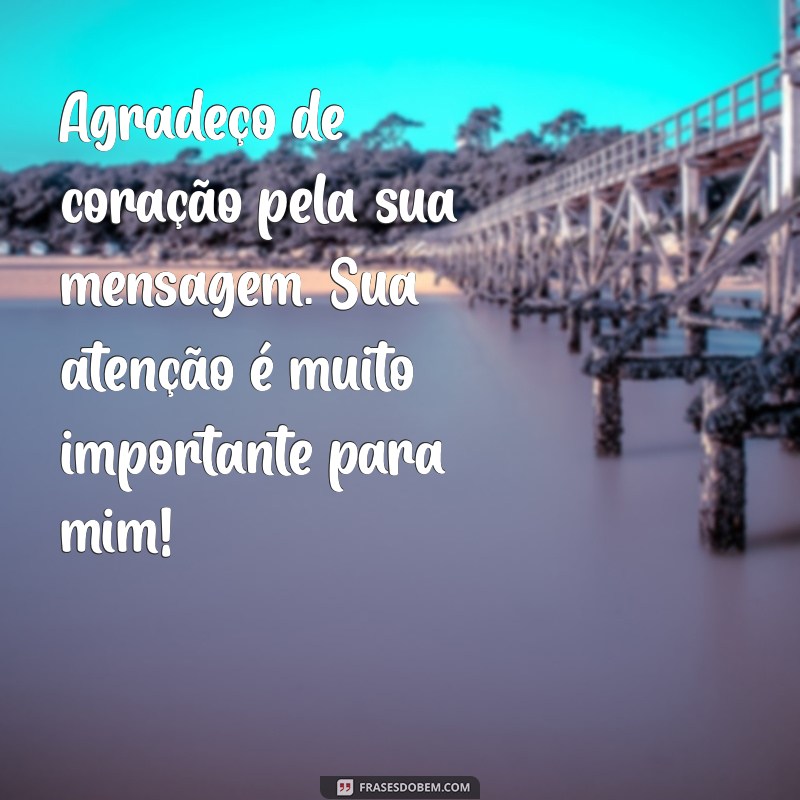 agradecimento pela mensagem recebida Agradeço de coração pela sua mensagem. Sua atenção é muito importante para mim!