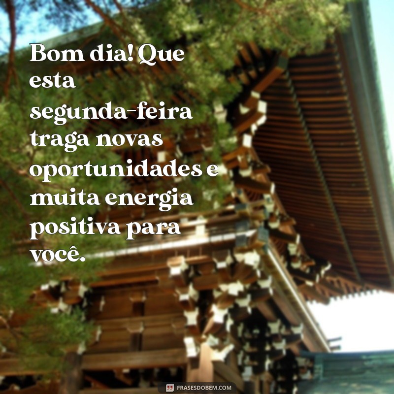 mensagem de bom dia para segunda Bom dia! Que esta segunda-feira traga novas oportunidades e muita energia positiva para você.