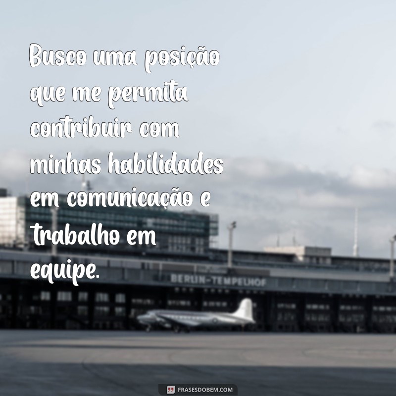 o que colocar no currículo como objetivo Busco uma posição que me permita contribuir com minhas habilidades em comunicação e trabalho em equipe.