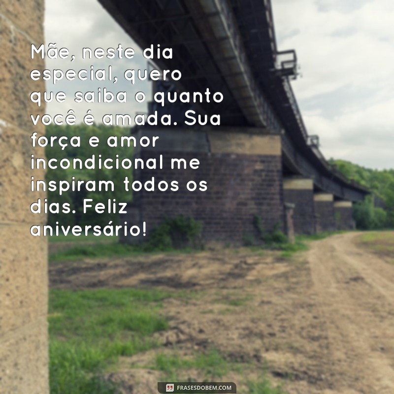 texto de filha para mãe emocionante de aniversário Mãe, neste dia especial, quero que saiba o quanto você é amada. Sua força e amor incondicional me inspiram todos os dias. Feliz aniversário!