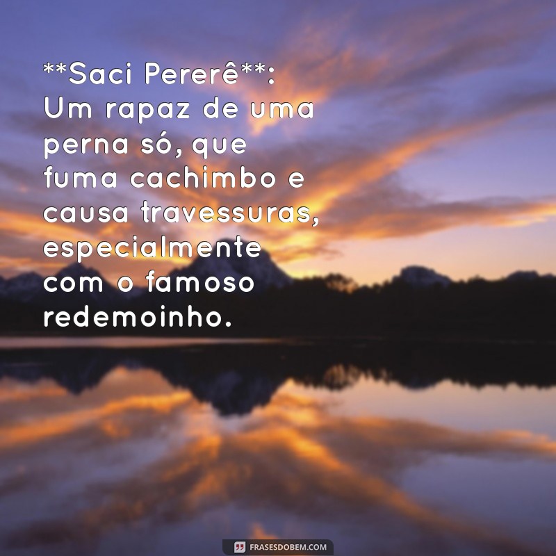 historias do folclore brasileiro **Saci Pererê**: Um rapaz de uma perna só, que fuma cachimbo e causa travessuras, especialmente com o famoso redemoinho.