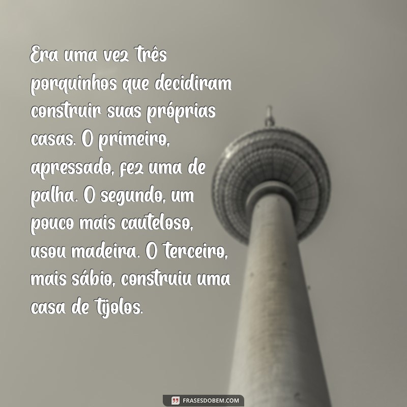 conto dos 3 porquinhos Era uma vez três porquinhos que decidiram construir suas próprias casas. O primeiro, apressado, fez uma de palha. O segundo, um pouco mais cauteloso, usou madeira. O terceiro, mais sábio, construiu uma casa de tijolos.