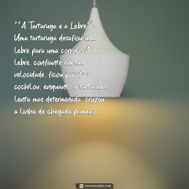 histórias populares **A Tartaruga e a Lebre**: Uma tartaruga desafiou uma lebre para uma corrida. A lebre, confiante em sua velocidade, ficou parada e cochilou, enquanto a tartaruga, lenta mas determinada, cruzou a linha de chegada primeiro.