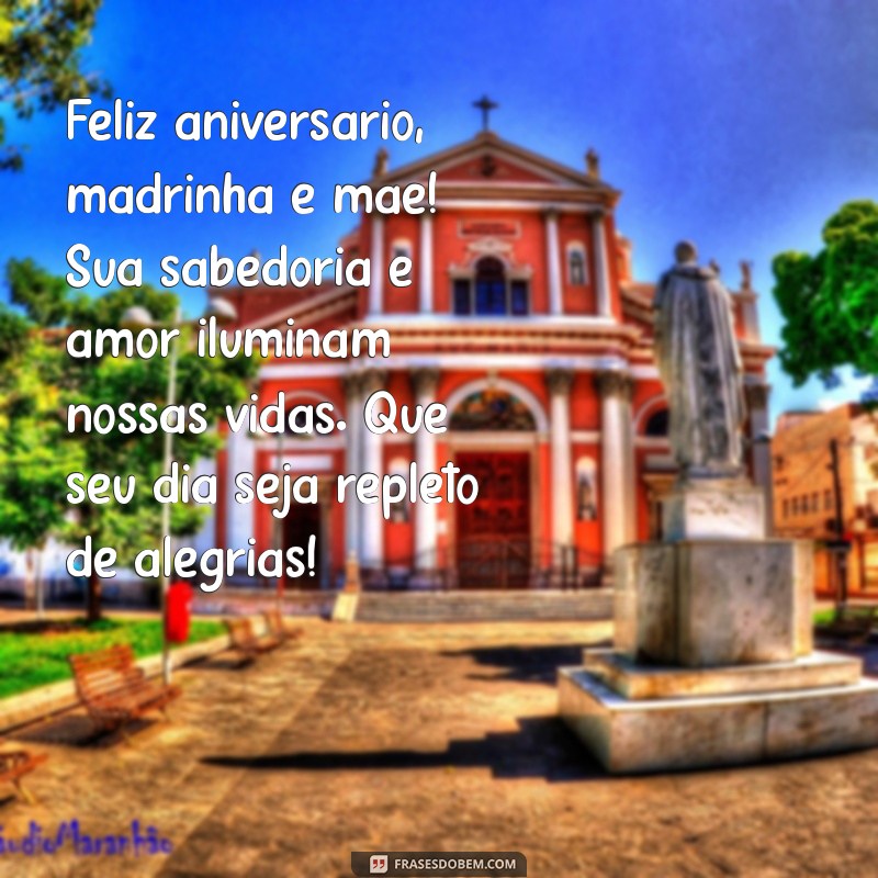 mensagem de aniversário para madrinha mãe Feliz aniversário, madrinha e mãe! Sua sabedoria e amor iluminam nossas vidas. Que seu dia seja repleto de alegrias!