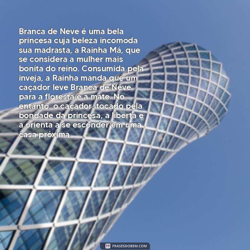 historia da branca de neve e os 7 anoes resumo Branca de Neve é uma bela princesa cuja beleza incomoda sua madrasta, a Rainha Má, que se considera a mulher mais bonita do reino. Consumida pela inveja, a Rainha manda que um caçador leve Branca de Neve para a floresta e a mate. No entanto, o caçador, tocado pela bondade da princesa, a liberta e a orienta a se esconder em uma casa próxima.