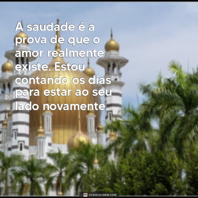 mensagem de saudade para namorado A saudade é a prova de que o amor realmente existe. Estou contando os dias para estar ao seu lado novamente.