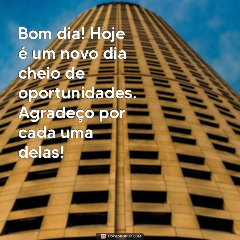 frases de bom dia e agradecimento Bom dia! Hoje é um novo dia cheio de oportunidades. Agradeço por cada uma delas!