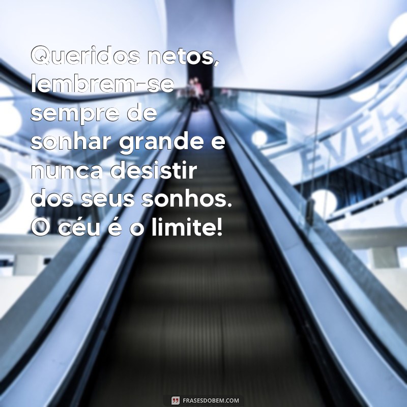 mensagem para os netos Queridos netos, lembrem-se sempre de sonhar grande e nunca desistir dos seus sonhos. O céu é o limite!